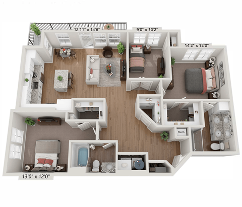 Floor plan for 3 beds, 2 baths, 1330 sqft